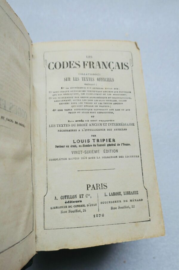 TRIPIER LOUIS LES CODES FRANCAIS COLLATIONNES SUR LES TEXTES OFFICIELS 1876 mini – Image 3