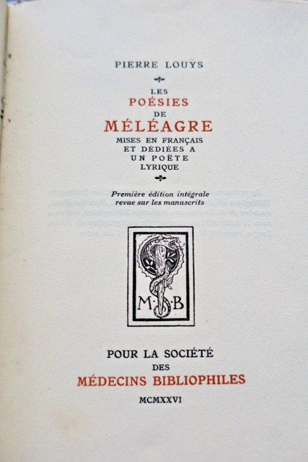 LOUŸS POÉSIES DE MÉLÉAGRE 1926 / vélin