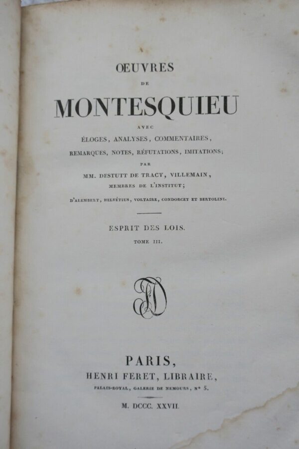 MONTESQUIEU, Par DESTUTT DE TRACY, VILLEMAIN OEUVRES DE MONTESQUIEU 1827 – Image 8