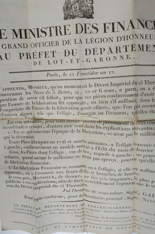 Monnaie ministre des finances Lot et Garonne 1804