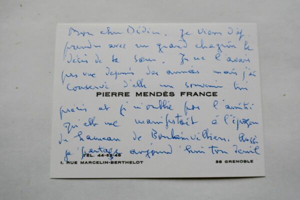 Pierre Mendès France belle carte autographe manuscrite