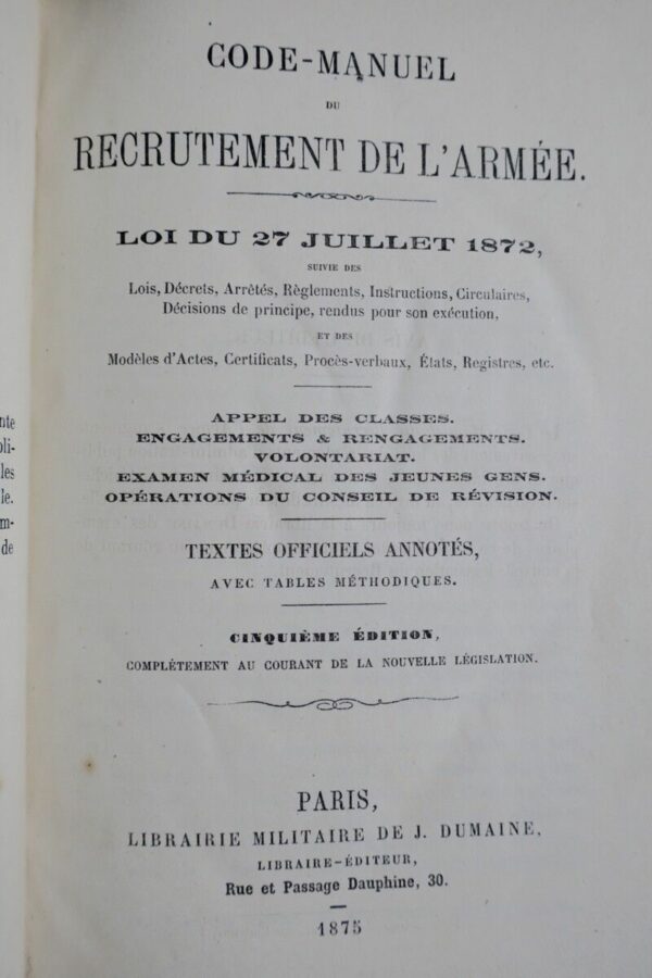 Code manuel du recrutement de l’armée. Loi du 27 juillet 1872 – Image 4