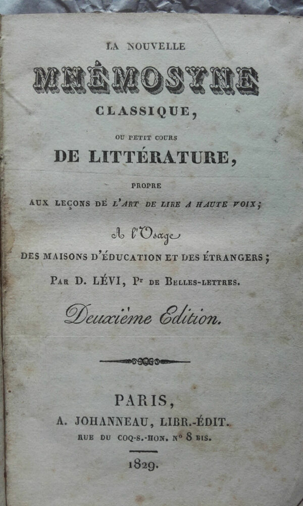 D.LEVI  MNEMOSYNE CLASSIQUE OU NOUVELLE COURONNE LITTERAire 1829