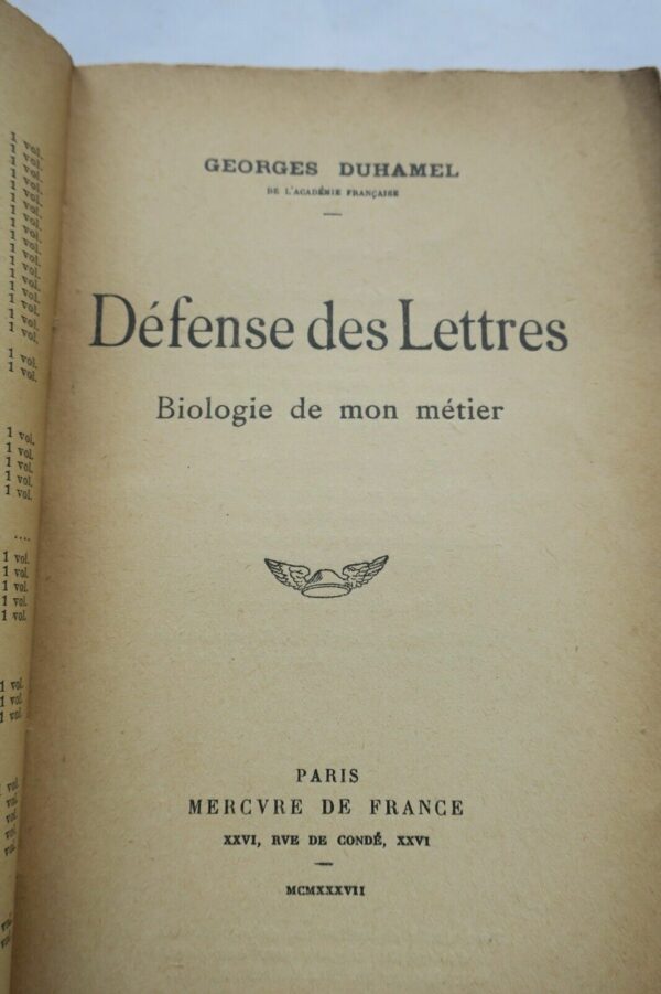 DUHAMEL GEORGES DEFENSE DES LETTRES - BIOLOGIE DE MON METIER + dédicace – Image 5