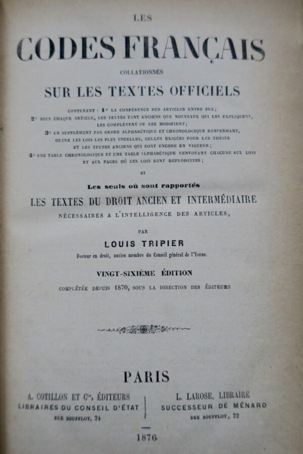 LES CODES FRANCAIS COLLATIONNES SUR LES TEXTES OFFICIELS 1876 – Image 4