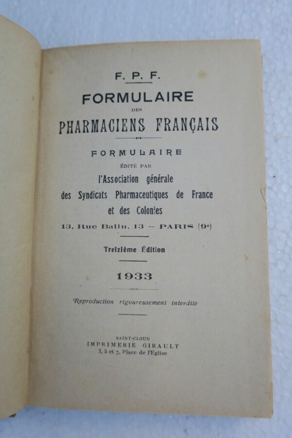 Pharmacie Formulaire des Pharmaciens Français. 1933