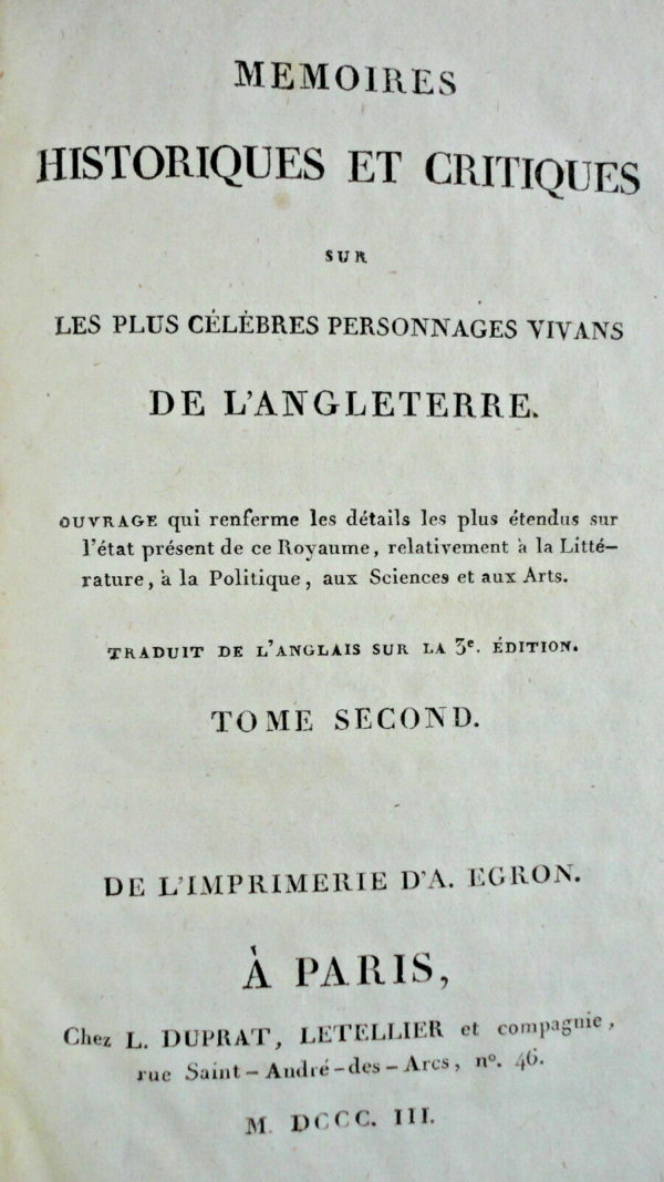 ANGLETERRE Mémoires historiques et critiques sur les plus célèbres 1803 – Image 3