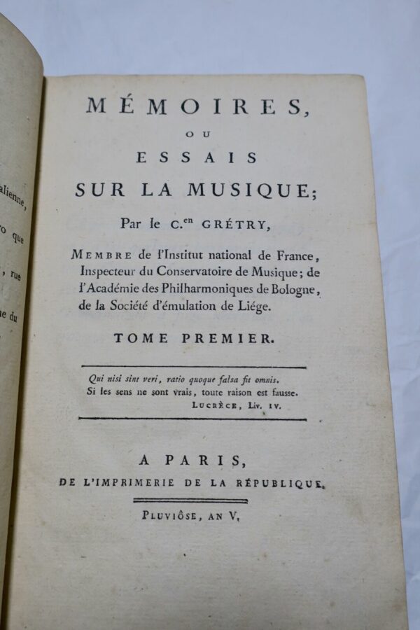 GRETRY Mémoires, ou essais sur la Musique 1797 – Image 3