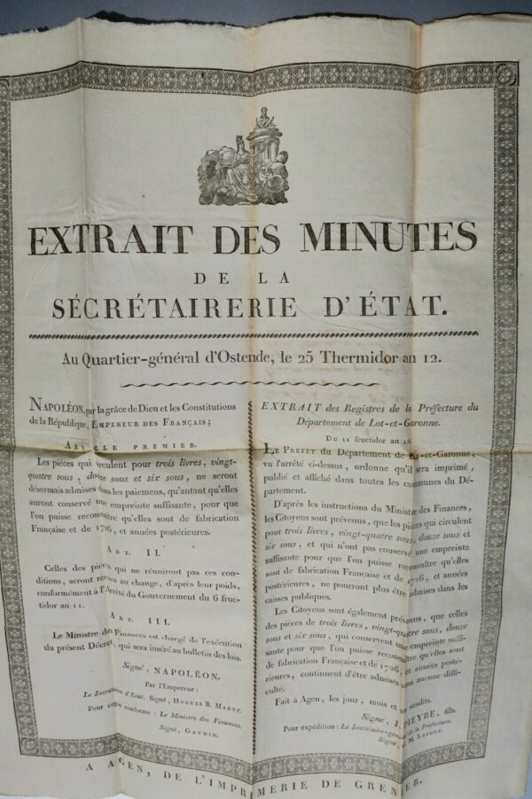 Monnaie extrait des minutes de la secrétairerie d'état EMPIRE Lot et Garonne