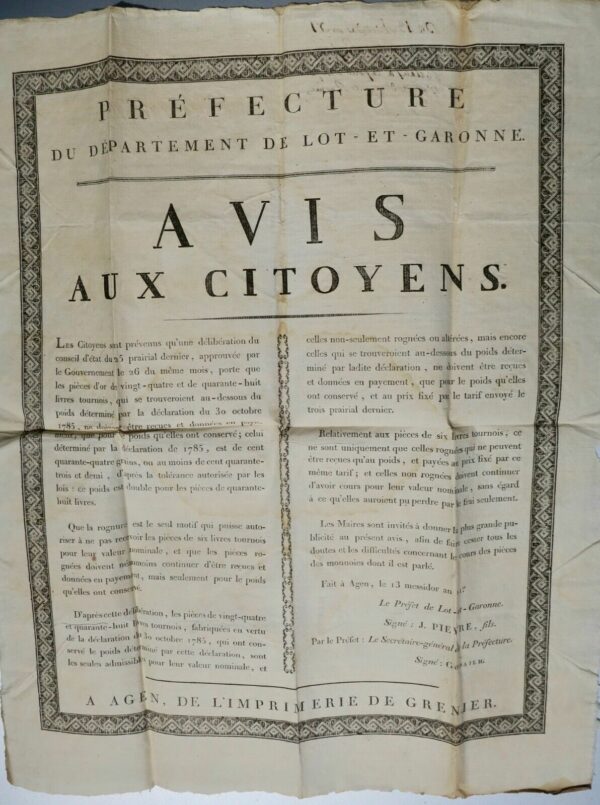 Monnaie pièces d'or, argent rognées ..livres tournois... avis aux citoyens 1803