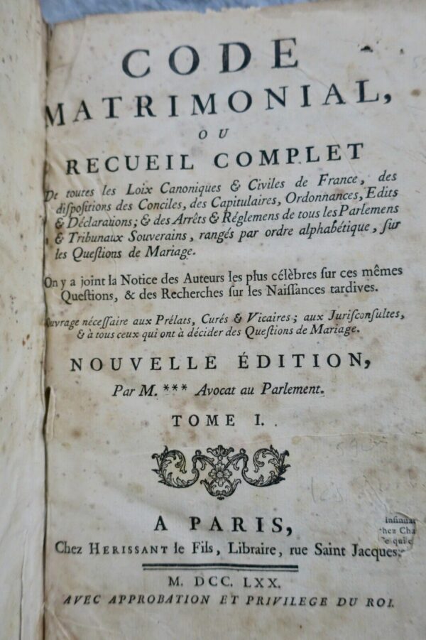 CODE MATRIMONIAL OU RECUEIL COMPLET de toutes les loix..1770 – Image 4