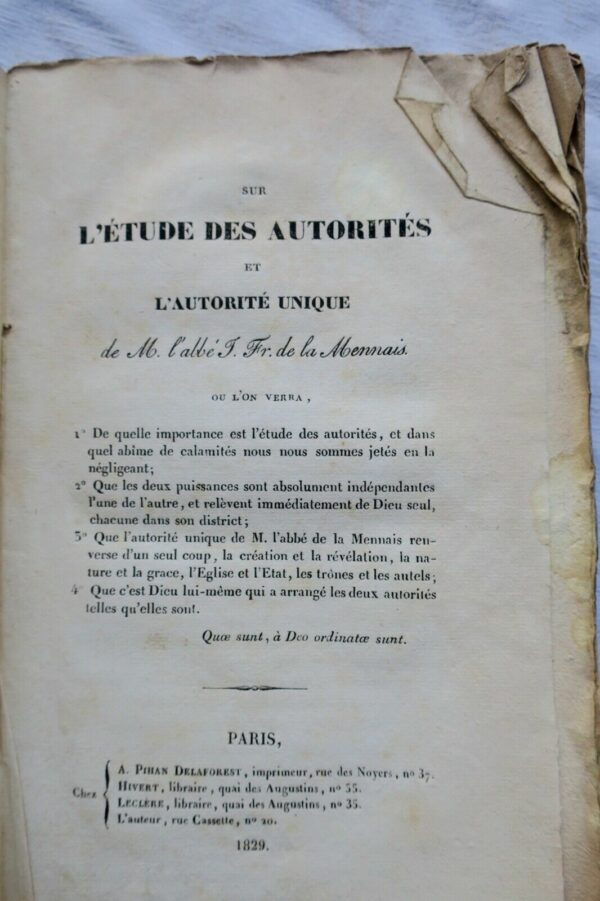 Sur l'étude des autorités et l'autorité unique, La Mennais 1829