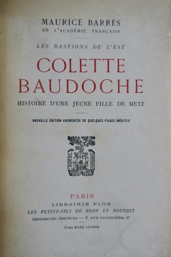 BARRES COLETTE BAUDOCHE, HISTOIRE D’UNE JEUNE FILLE DE METZ