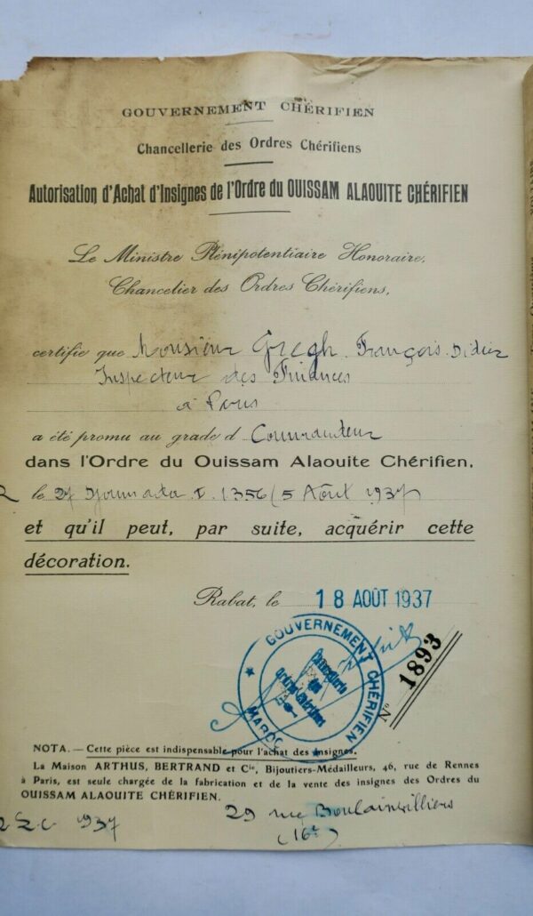 Brevet commandeur de l'Ordre du Ouissam Alaouite Chérifien 1937 – Image 3