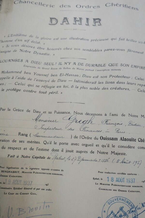 Brevet commandeur de l'Ordre du Ouissam Alaouite Chérifien 1937 – Image 7