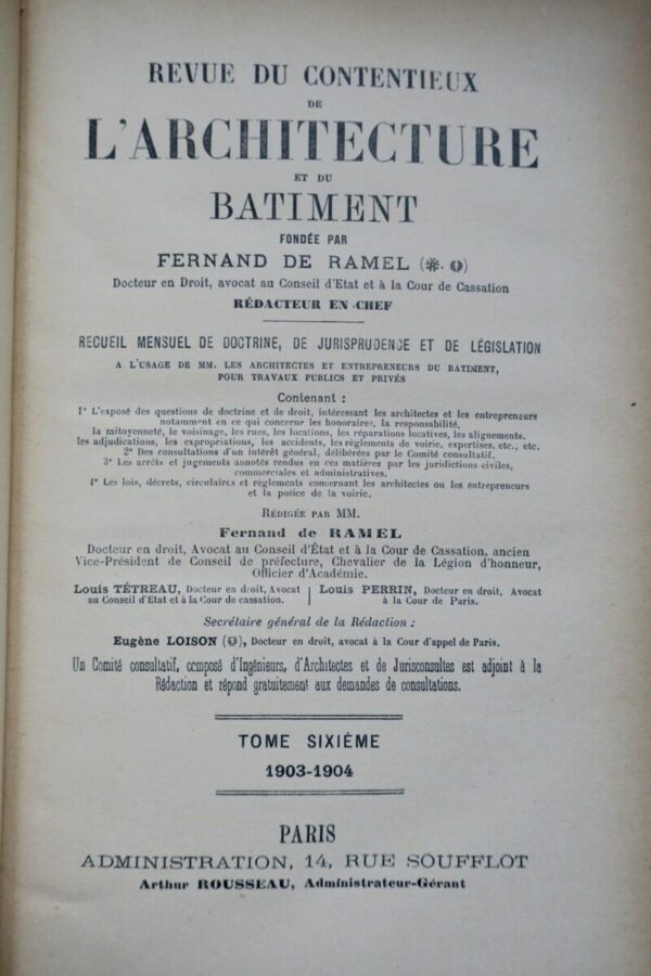 Ramel Revue du contentieux de l’architecture, du bâtiment tome 6 ème, 1903.. – Image 3