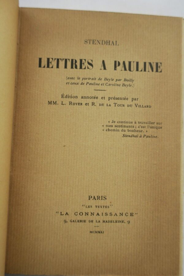 STENDHAL : Lettres à Pauline. 1921 – Image 11